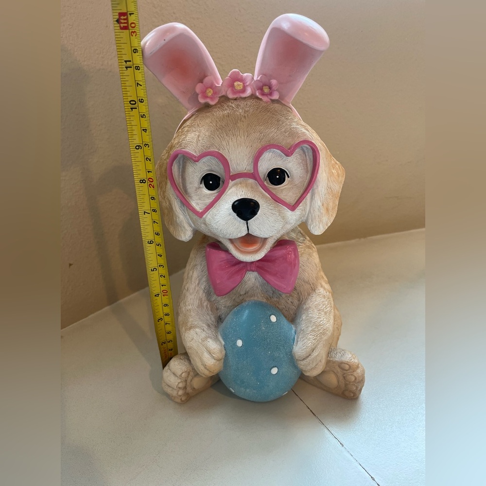 Cute Puppy Labrador Easter Figurine with Pink Bunny Ears, Blue Easter Egg